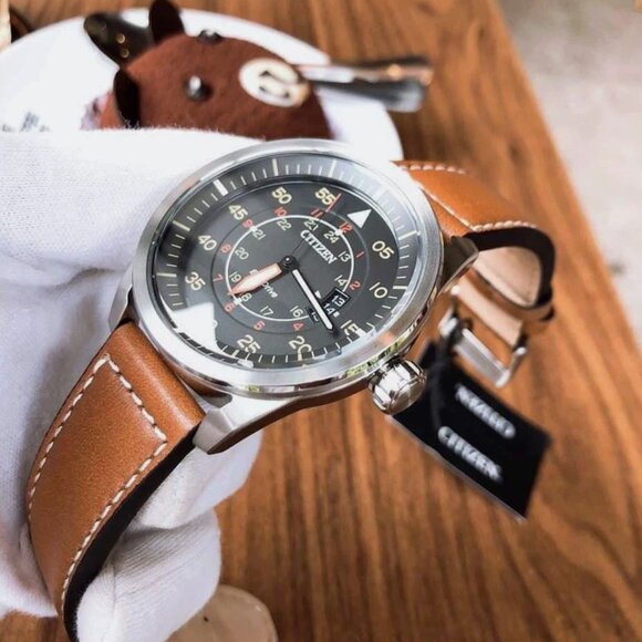 Citizen Mens 45mm Gray Face Dial Leather Brown Watch - Picture 2 of 7